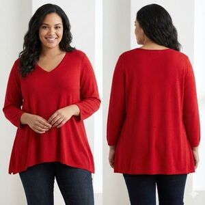 Vintage Avenue Red V-Neck Sweater Women's Plus Size 14/16 Acrylic Knit Tunic
